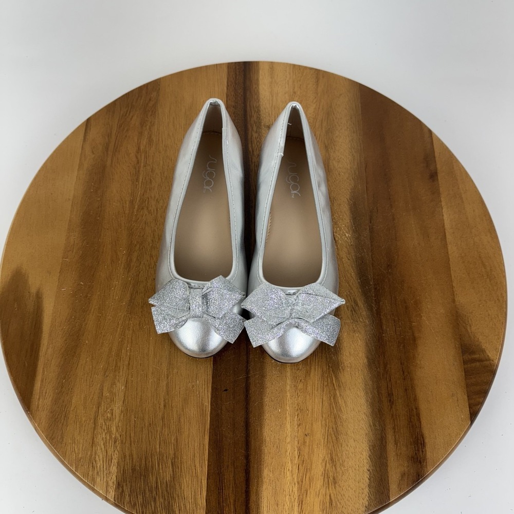 New Big Kids Chlidrens Sugar Nilah Gray Faux Leather Bow Ballet Flats Size 2 Y